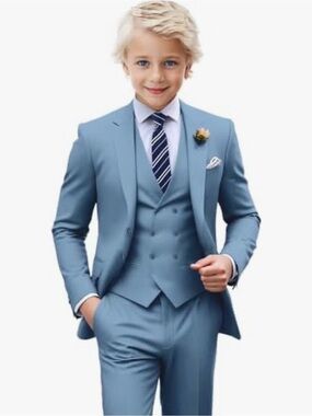 Wangyue Boys Dusty Blue Three-Piece Suit - Classic Formal Blazer & Vest